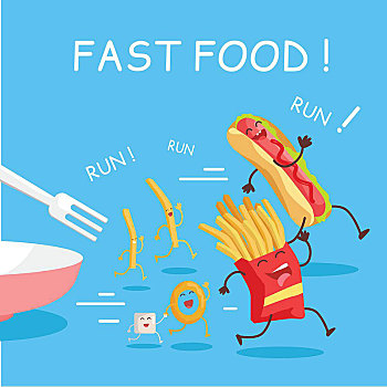 快餐,卡通,旗帜,高兴,叉子,炸薯条,热狗,蓝色背景,背景,生机,食物