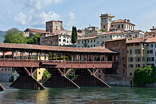 木桥,上方,河,格拉巴酒,维琴察,省,威尼托,意大利,欧洲
