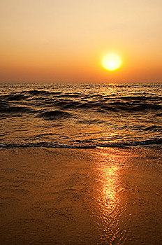 波浪,海滩,日落,果阿,印度