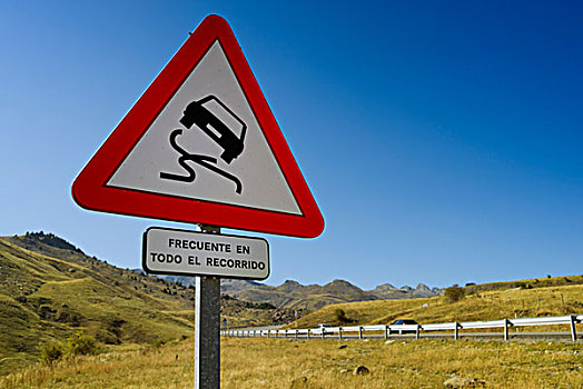 警告标识,光滑,道路,隘口,边界,山脊,阿拉贡,法国,西班牙,欧洲
