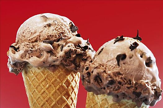 两个,巧克力冰淇淋,威化蛋筒