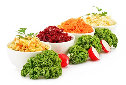 构图,四个,蔬菜沙拉,碗