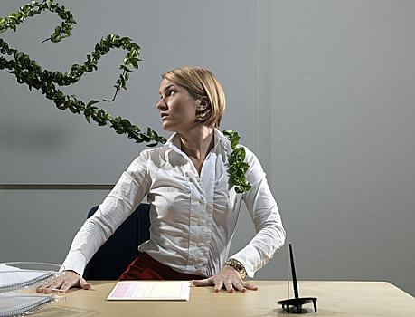 女人,书桌,植物