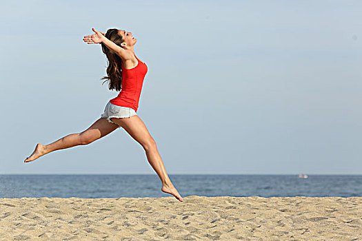 少女,红色,跳跃,高兴,海滩