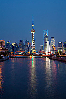 上海苏州河沿岸的景观和浦东陆家嘴金融区的夜景