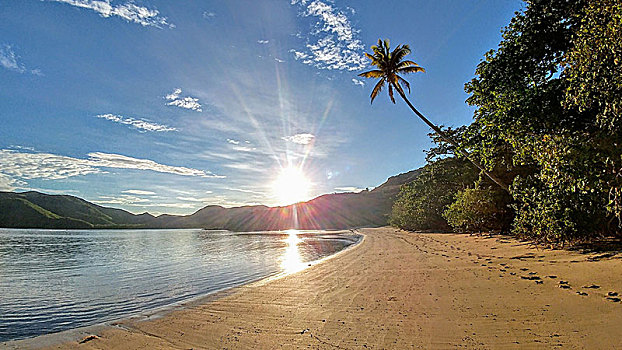 日落,后面,山,海滩,斐济