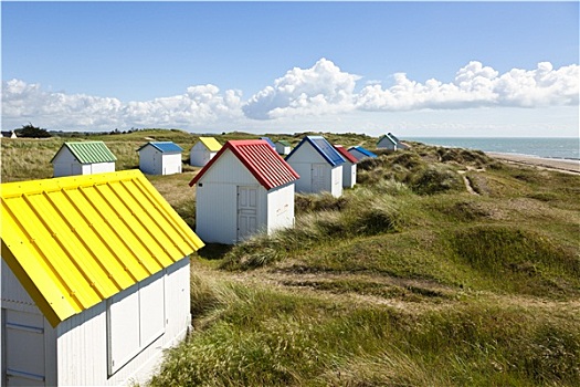 彩色,海滩,小屋,诺曼底