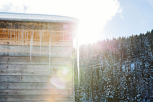 日光,冰柱,原木上,小屋,屋顶