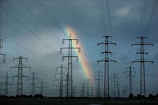 彩虹,后面,电线塔,输电塔,德国,欧洲,能量