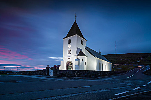 教堂,黄昏,岛屿,法罗群岛