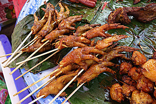 老挝,琅勃拉邦,烤制食品,鸡,脚,洪族人,新年,庆贺