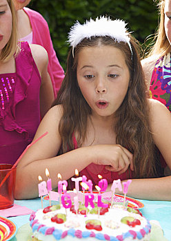 特写,女孩,吹蜡烛,生日蛋糕