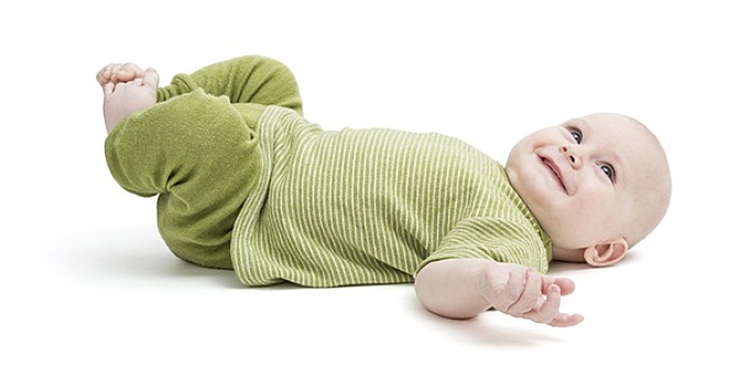 高兴,幼儿,躺着,背影,绿色,衣服