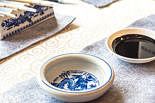 陶瓷,碗,黑色,墨水,桌上