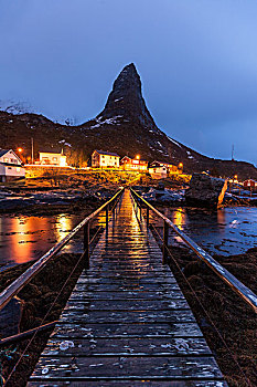 码头,山,渔村,冬天,瑞恩,峡湾,罗弗敦群岛,挪威,欧洲
