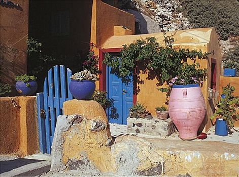 蓝色,花园,大门,花瓶,希腊,欧洲