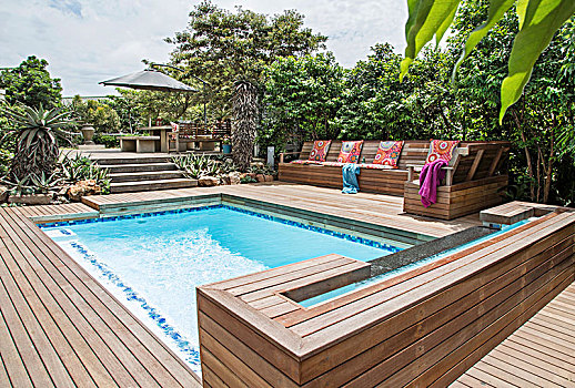 游泳池,长椅,优雅,木质露台