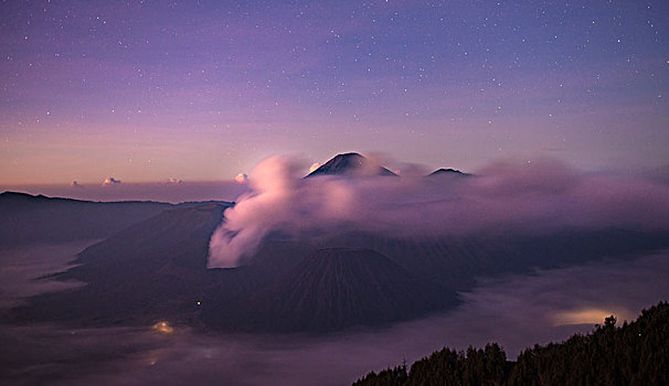 火山地貌,日出,星空,烟,火山,婆罗莫,山,国家公园,爪哇,印度尼西亚,亚洲