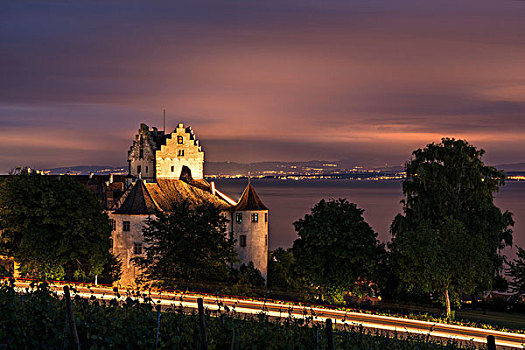 夜景,历史,城堡,岸边,康士坦茨湖,瑞士,背影,区域,巴登符腾堡,德国,欧洲