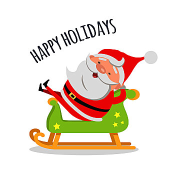 快乐假日,圣诞老人,放松,骑,木质,绿色,雪撬,动作,娱乐,圣诞快乐,新年快乐,概念,寒假,插画,贺卡,矢量,风格,设计,休假