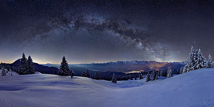 银河,高处,前景,雪,阿尔卑斯草甸,粉状雪,树,光亮,米滕瓦尔德,山