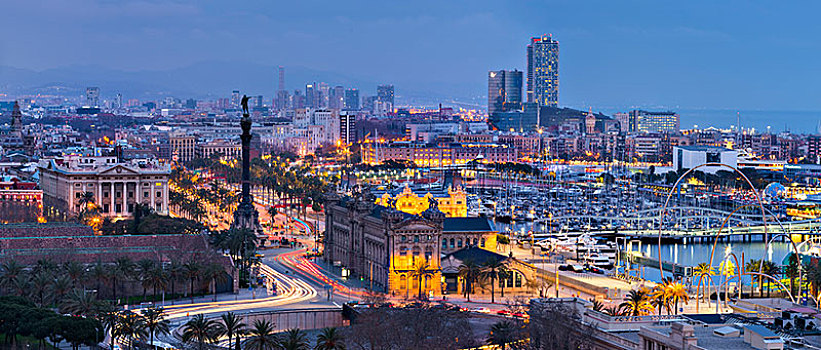 城市风光,蒙特足斯,黃昏,哥伦布,雕塑,巴塞罗那,加泰罗尼亚,西班牙