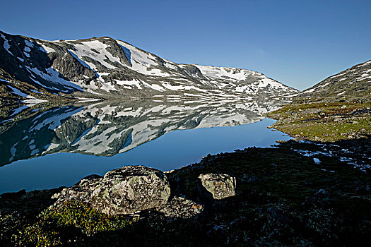 挪威,积雪,山,反射,湖
