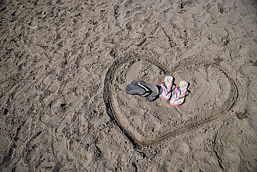 凉鞋,心形,浪漫,海滩,概念