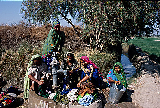 女人,洗,衣服,收集,饮用水,泵,乡村,海得拉巴,地区,信德省,省,巴基斯坦