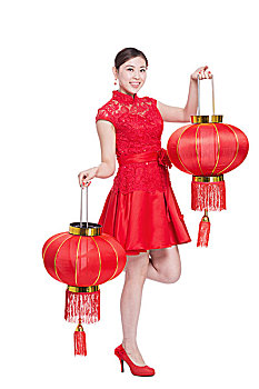 年轻,亚洲女性,红色,旗袍,红灯笼,春节