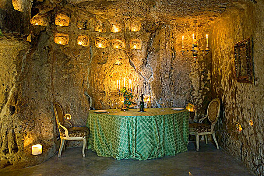 浪漫,双人桌,站立,洞穴,餐厅,照亮,序列,散开,蜡烛,茶烛