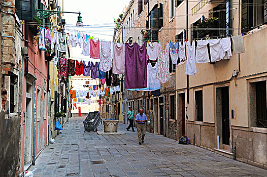 晾衣绳,伸展,小巷,威尼斯,意大利,欧洲