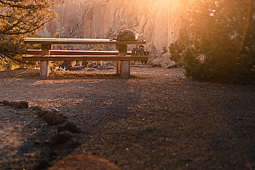 公园长椅,阳光,史密斯岩石州立公园,俄勒冈,美国