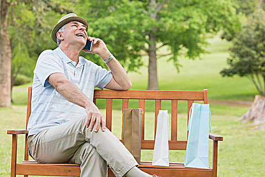 愉悦,放松,老人,打手机,公园