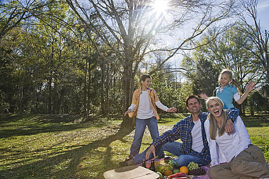 孩子,幸福之家,公园,野餐篮,水果