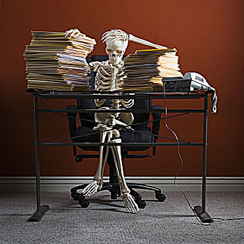 骨骼,坐,书桌,堆积,文书