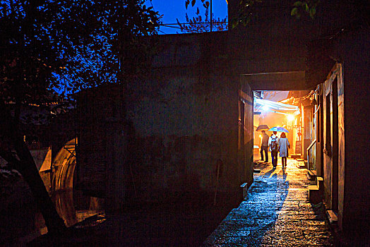 夜,雨,建筑,倒影,灯光