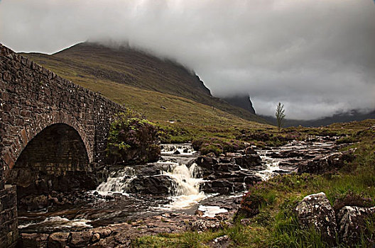 低,云,上方,风景,河流,层叠,石头,桥,半岛,苏格兰