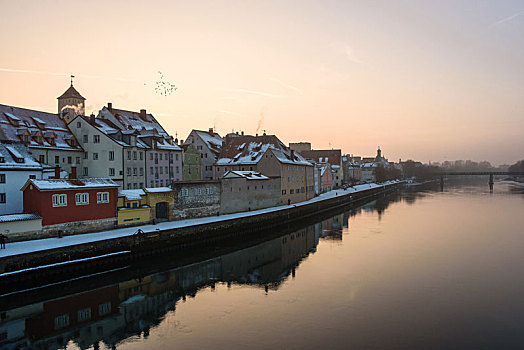 一月,寒冷,德国,多瑙河,冰冻,上方,雷根斯堡,滑冰