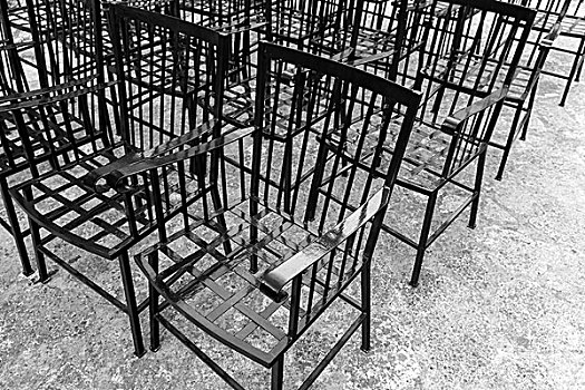 旧式,黑色,金属,椅子,站立,排列