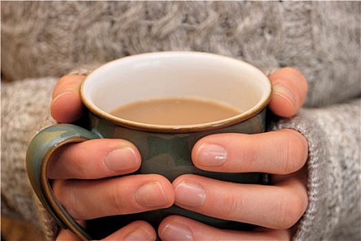 两只,手,保暖,拿着,热,茶杯,咖啡