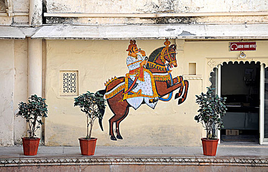 壁画,马,骑乘,城市宫殿,乌代浦尔,拉贾斯坦邦,北印度,印度,南亚,亚洲