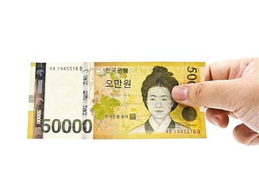韩国,货币,钞票,拿着,隔绝,白色背景,背景