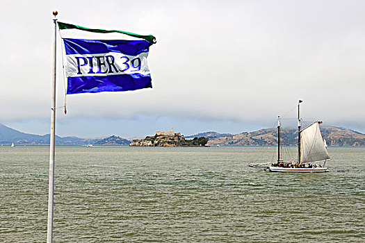 旗帜,码头,历史,帆船,湾,阿尔卡特拉斯岛,岛屿,背影,旧金山,加利福尼亚,美国,北美