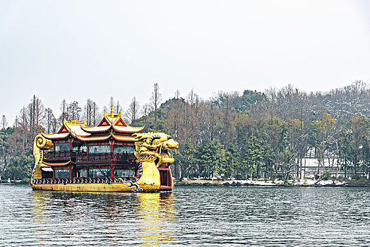 杭州西湖雪景,画舫,游船