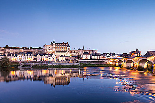 城寨,城堡,昂布瓦斯,反射,河,卢瓦尔河,晚上,中心,法国,欧洲