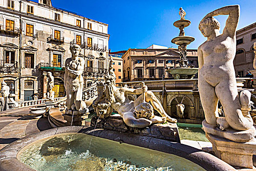 特写,品种,雕塑,比勒陀利亚,喷泉,广场,历史,中心,巴勒莫,西西里,意大利