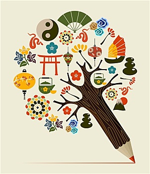 中国,传统,概念,铅笔,树
