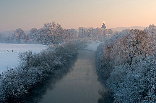 河,冬天,明斯特地区,北莱茵威斯特伐利亚,德国,欧洲
