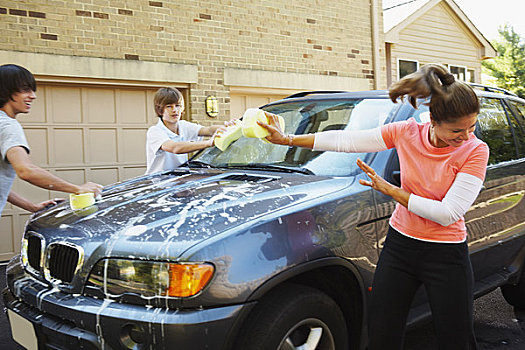 女人,青少年,儿子,洗,汽车